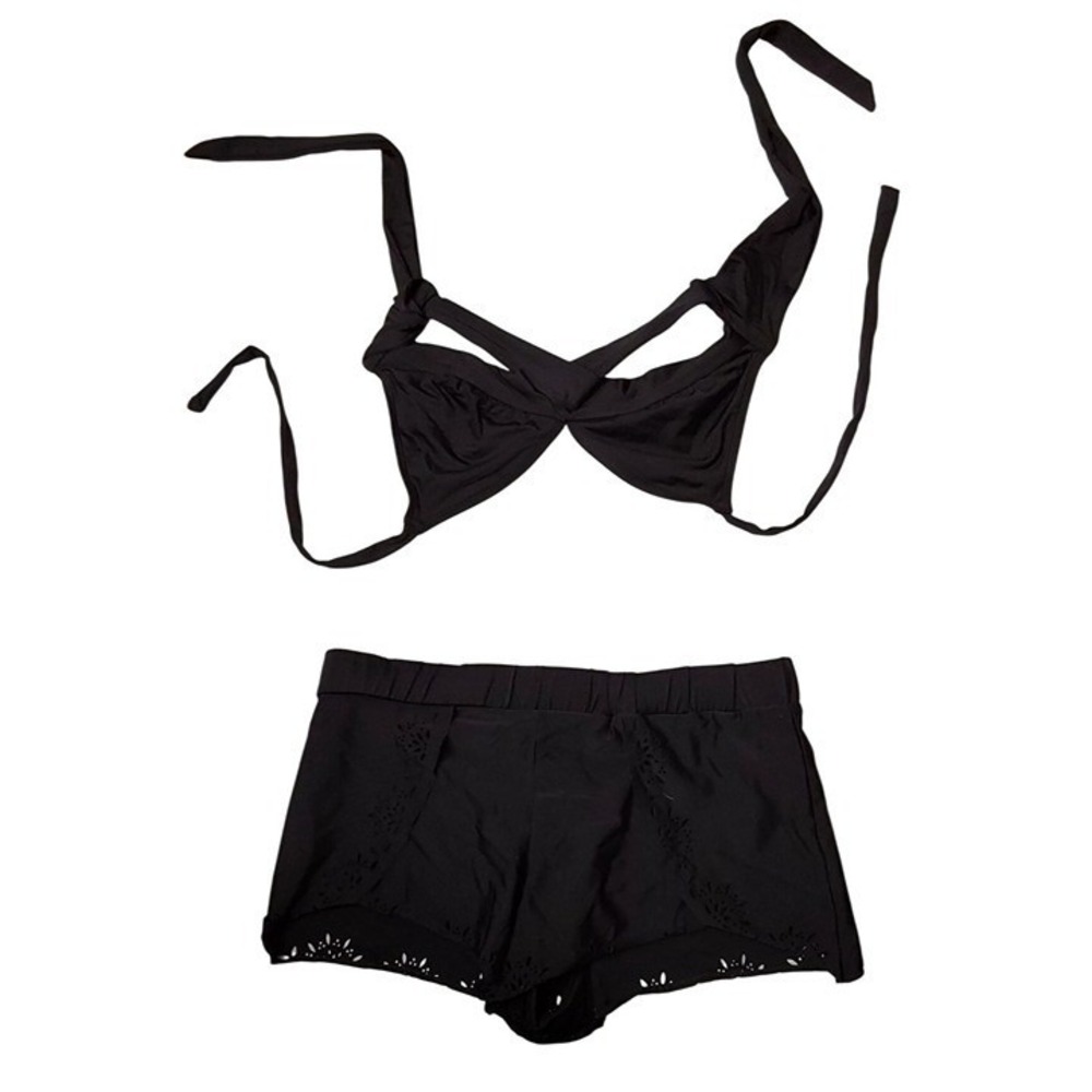 Kona Sol Black Bikini Set Wrap Top Laser Cut Swim Shorts Small
